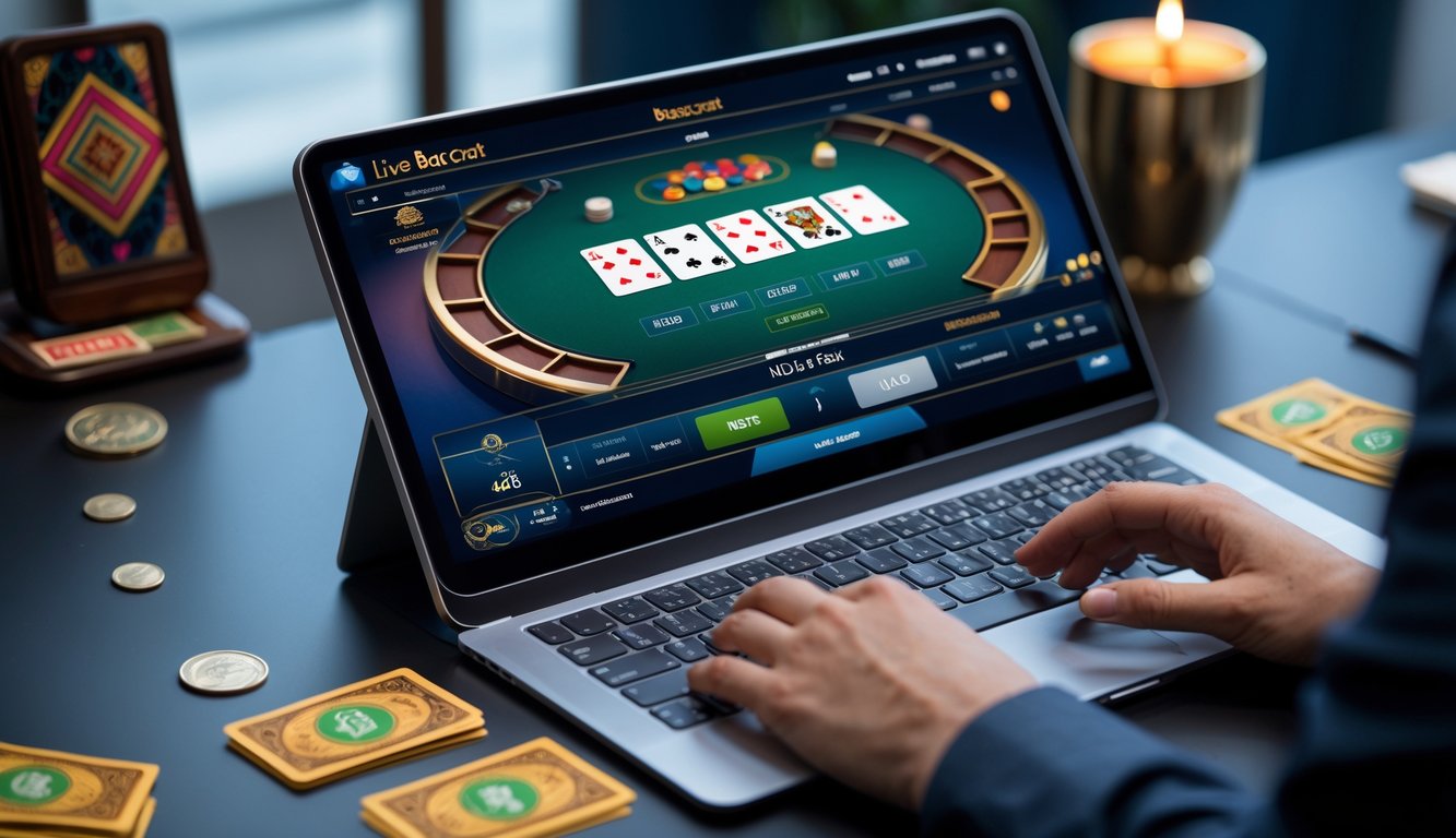 Seseorang sedang bermain baccarat online di komputer dengan tampilan permainan live baccarat di layar.