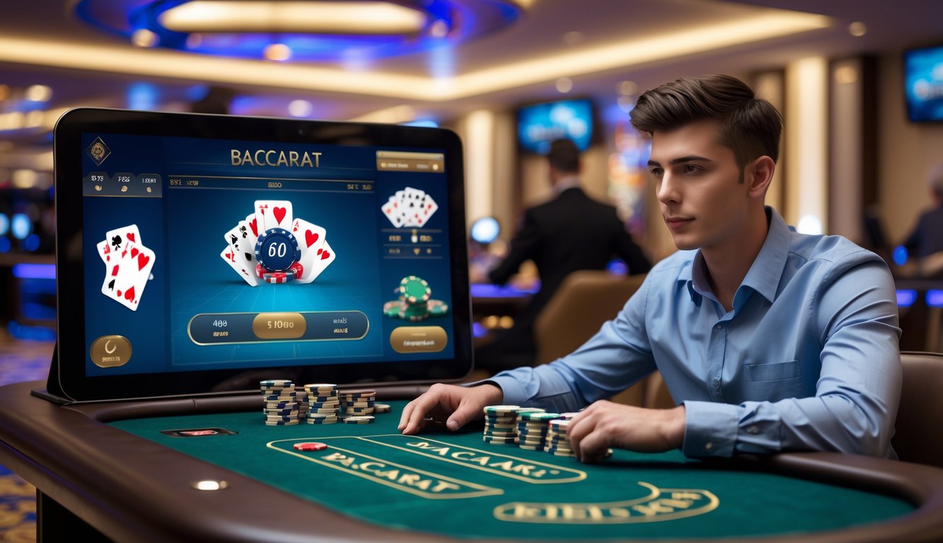 Seorang pria muda duduk di meja kasino dengan kartu baccarat dan chip, fokus pada permainan baccarat live di layar digital.
