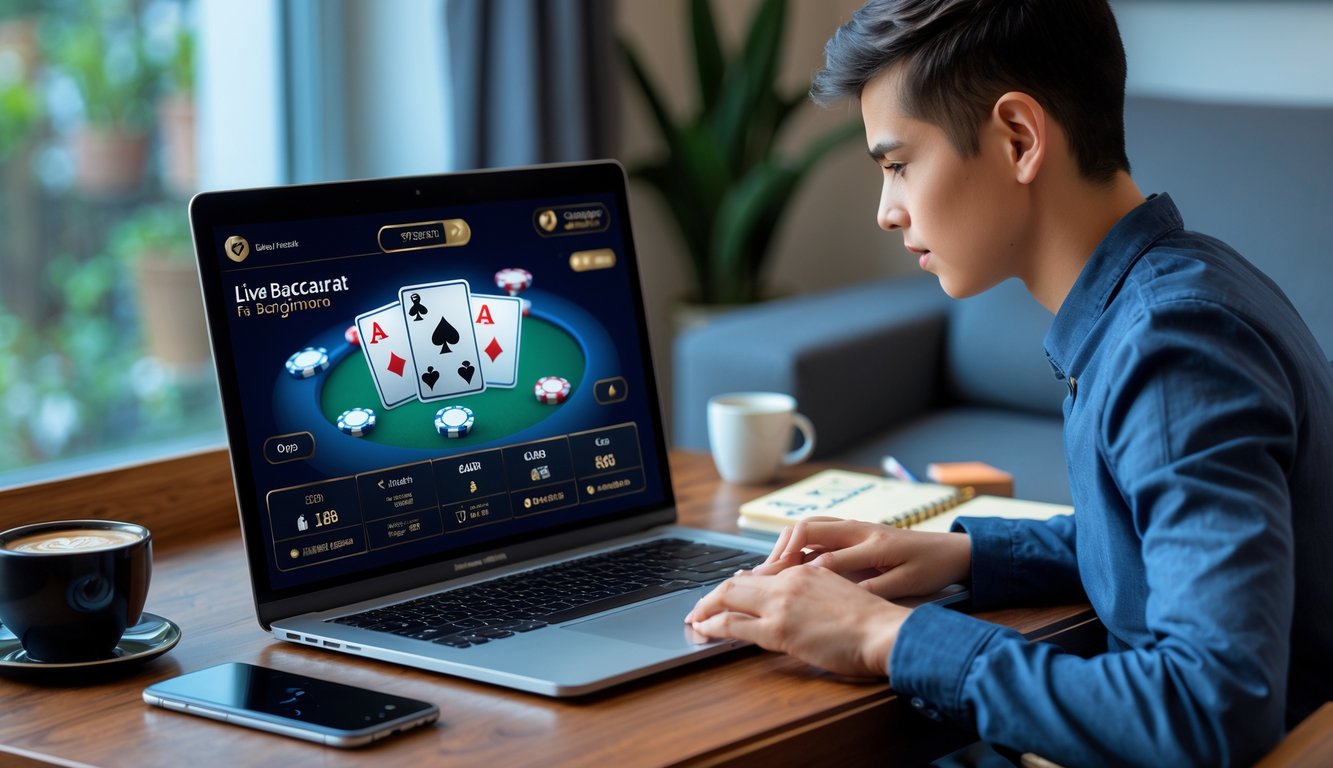 Seorang pemuda fokus bermain baccarat online di komputer di ruang tamu yang nyaman dengan kartu dan chip di layar.