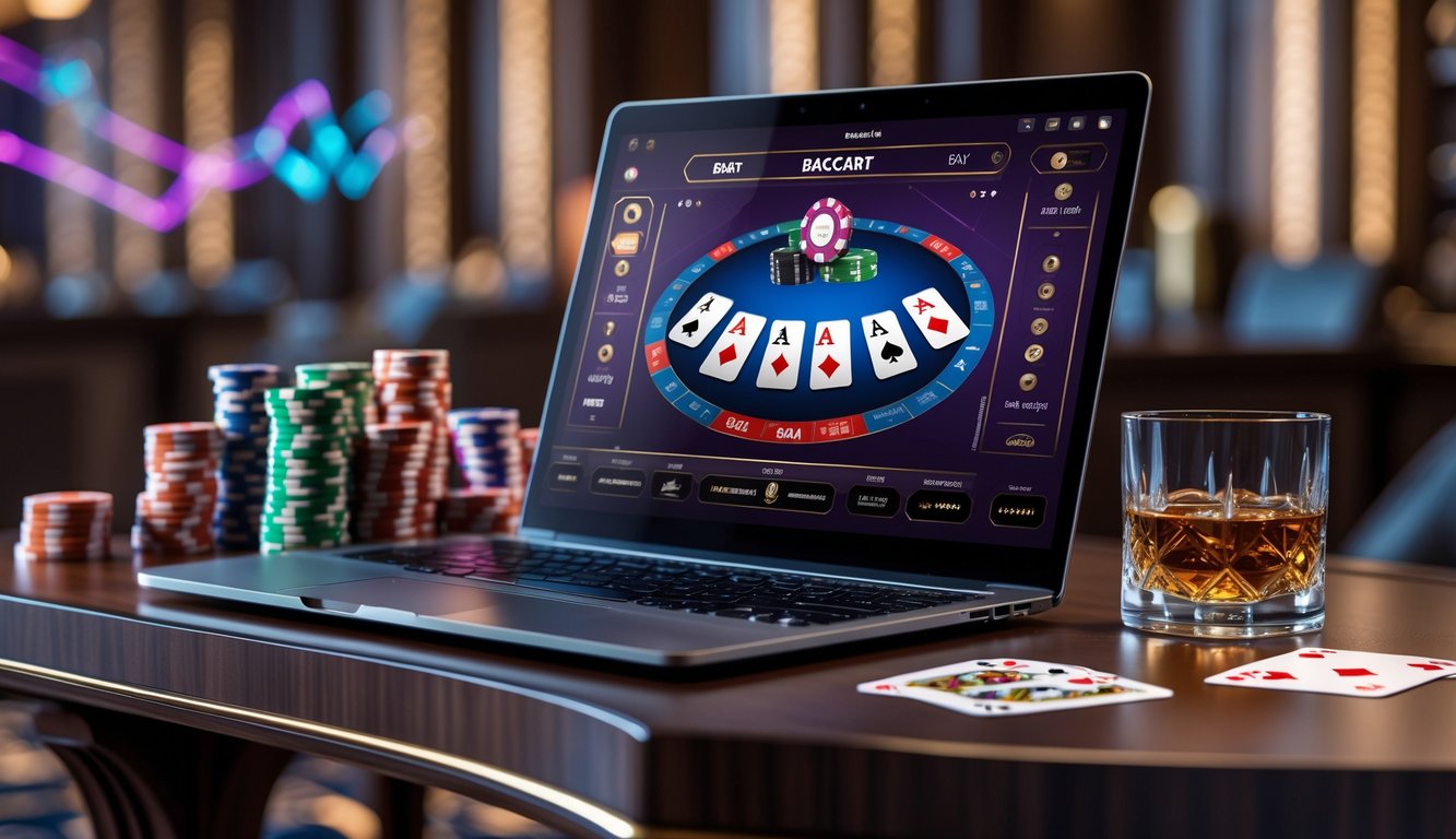 Seorang pemain menggunakan laptop dengan permainan baccarat online, di meja terdapat tumpukan chip poker dan kartu remi.