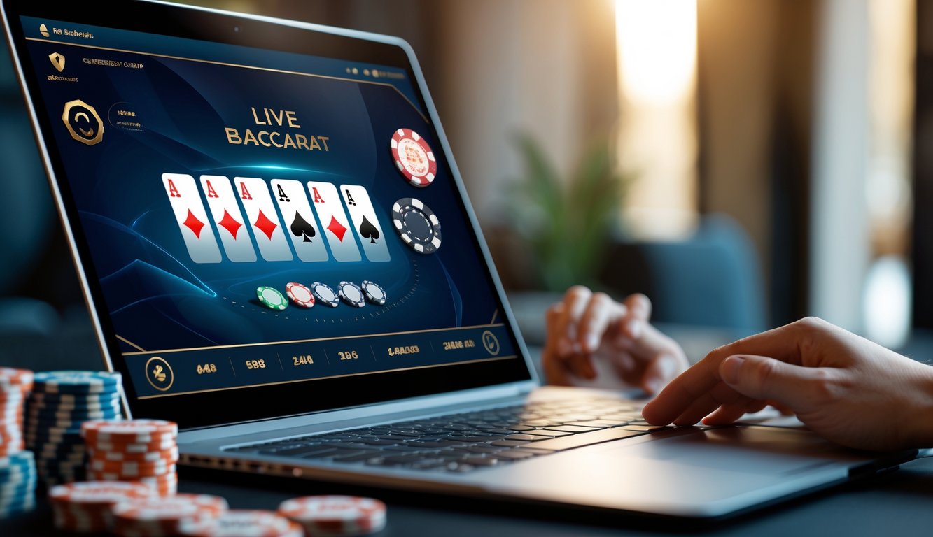 Seorang pengguna sedang bermain permainan baccarat langsung di komputer dengan suasana nyaman dan elemen simbol keamanan dan bonus di sekitar layar.