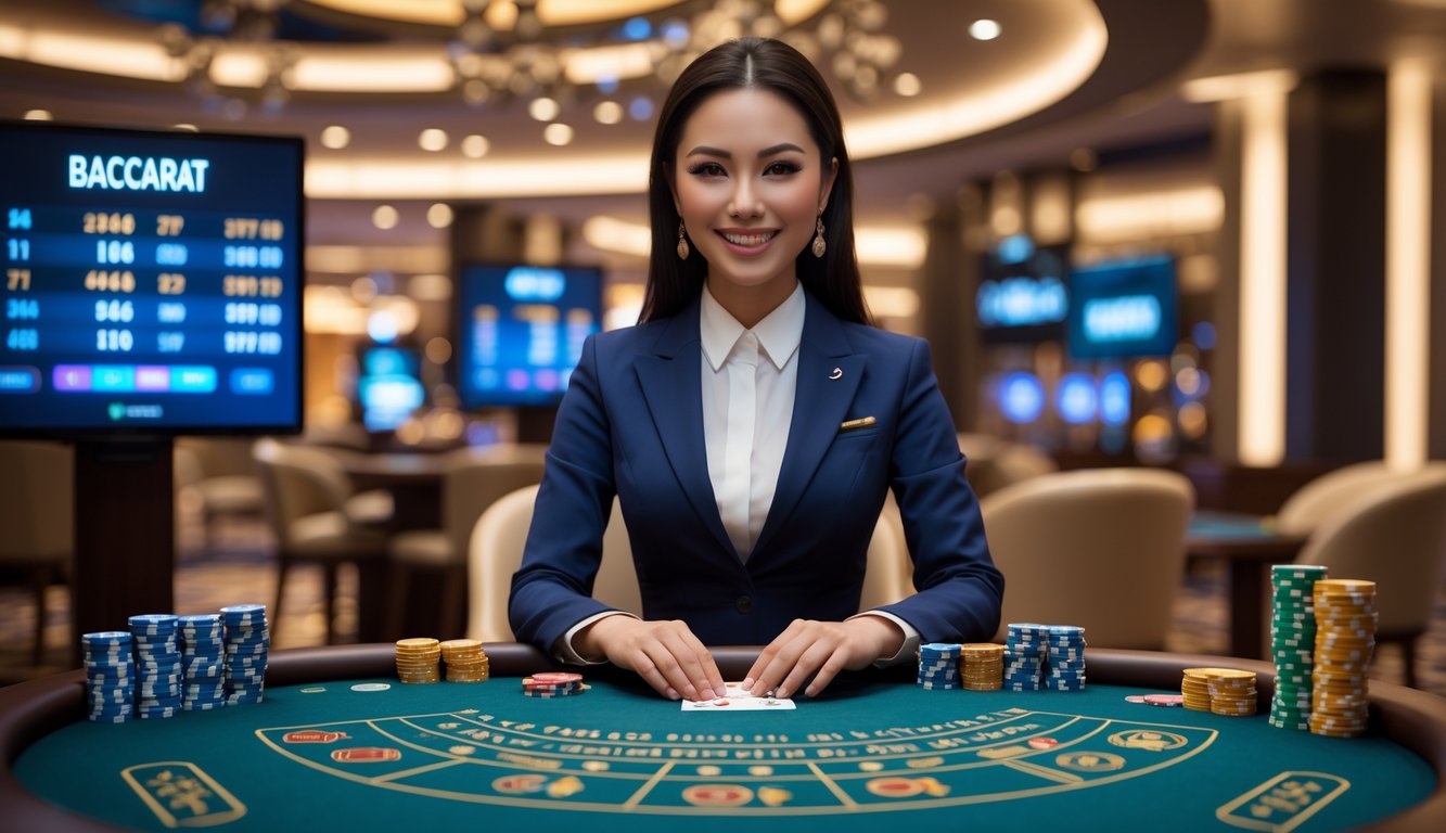 Seorang dealer wanita tersenyum di meja baccarat dengan kartu dan chip di depan, di latar belakang suasana kasino modern dan layar digital.