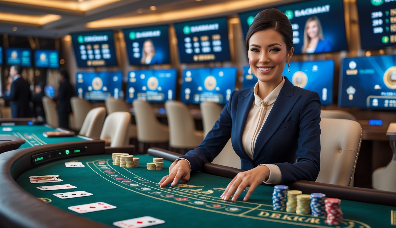 Seorang dealer wanita duduk di meja baccarat dengan kartu dan chip, di latar belakang layar digital yang menampilkan permainan secara langsung.