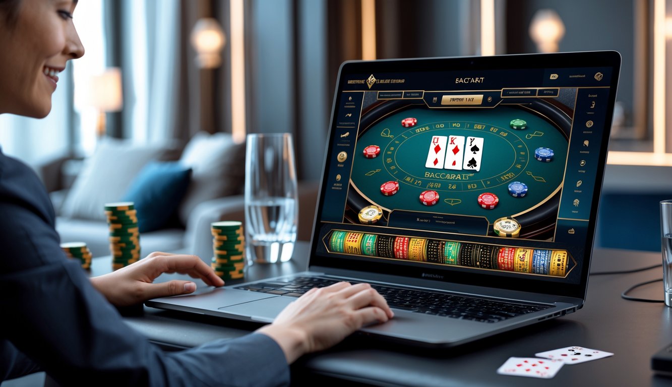Seorang pemain sedang menikmati permainan baccarat online di depan laptop di ruangan modern yang terang.
