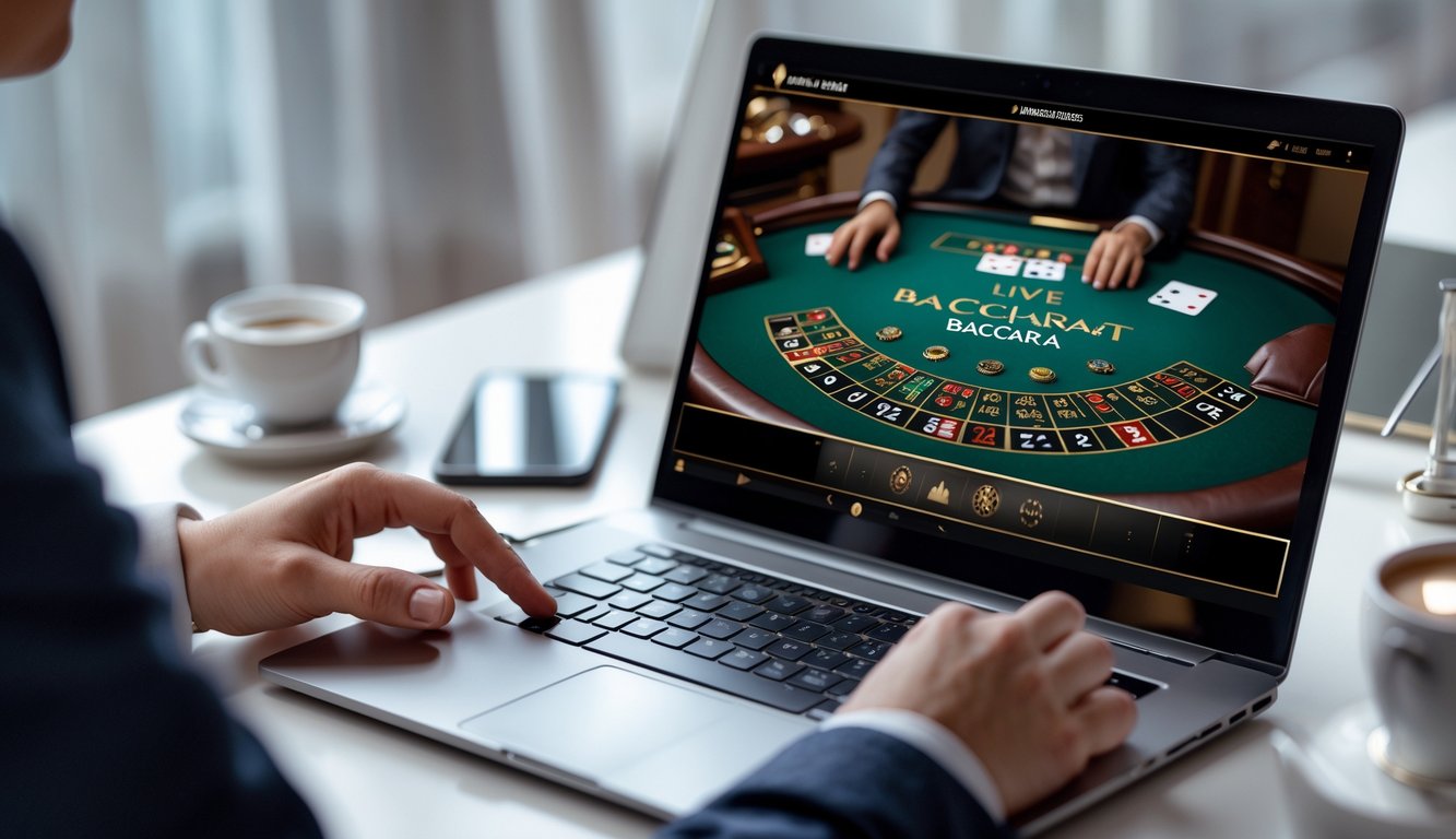 Seorang pemain sedang menggunakan komputer untuk bermain live baccarat online gratis di meja kerja yang rapi dan terang.