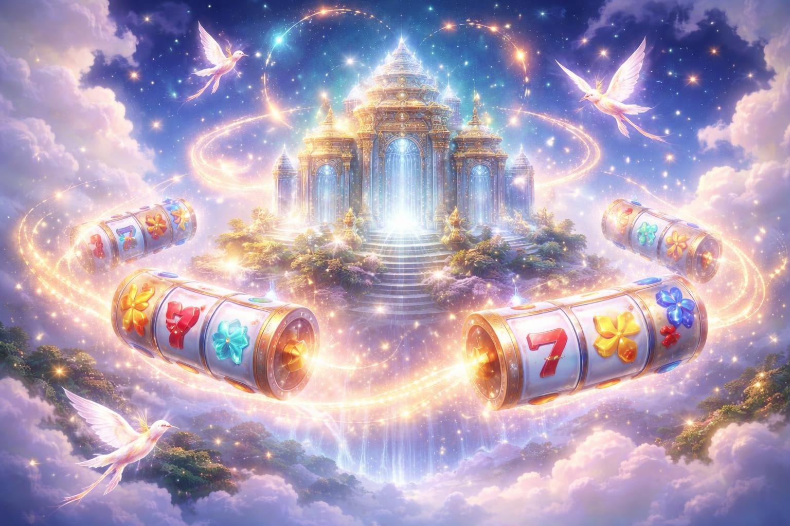 Pemandangan kuil kuno yang melayang di langit berkabut dengan cahaya emas berputar dan makhluk mistis yang mengelilinginya.