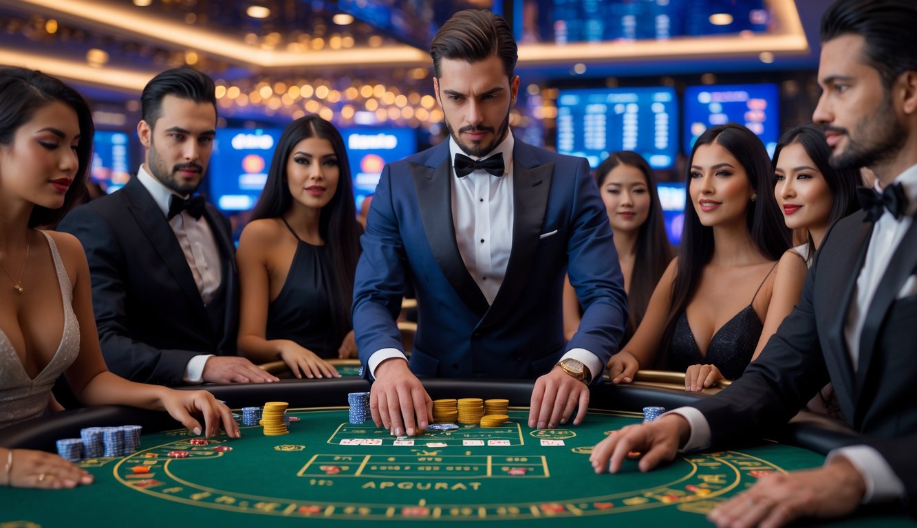 Seorang dealer dan beberapa pemain berpakaian rapi sedang bermain baccarat di meja kasino mewah dengan suasana yang elegan.