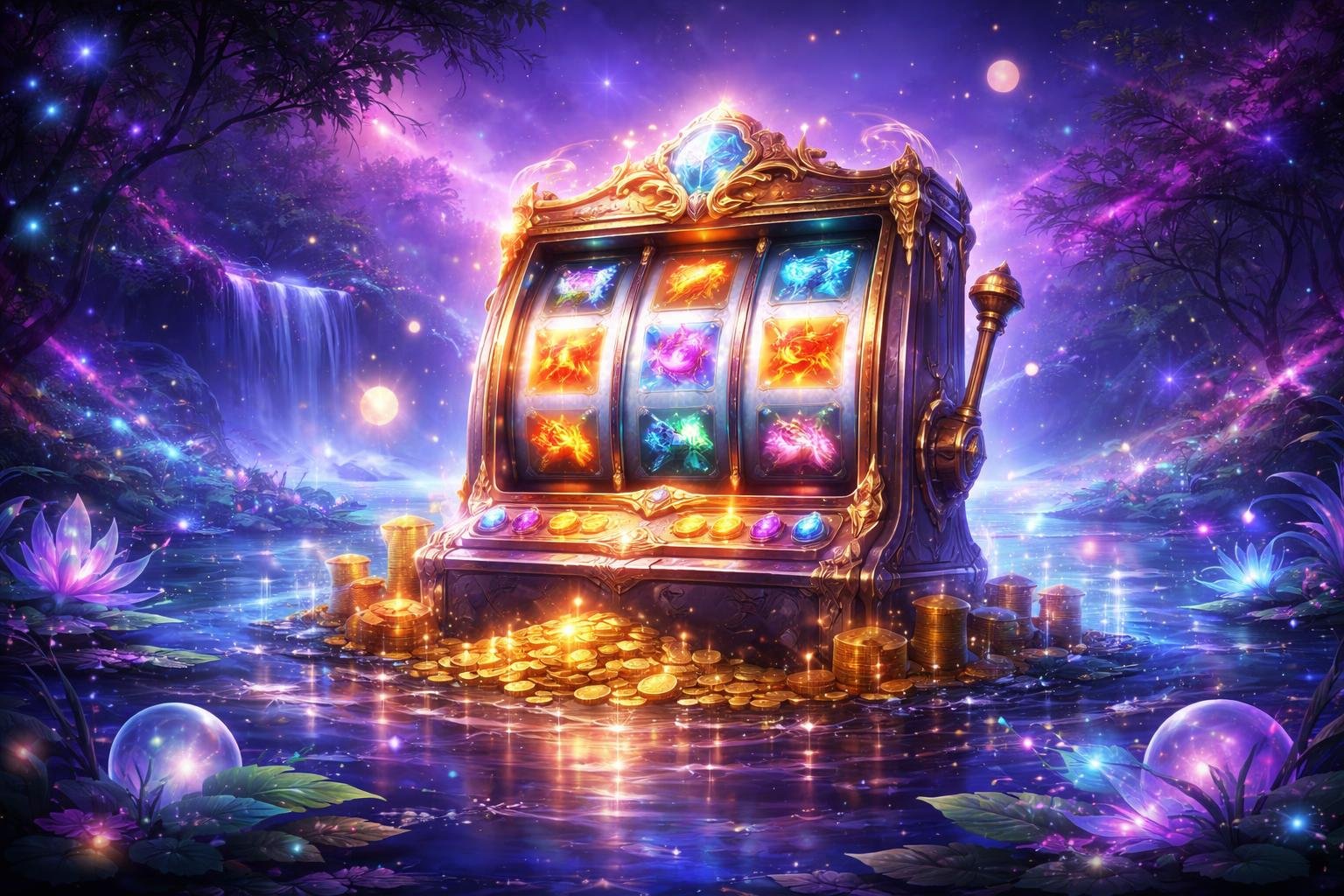 Sebuah mesin slot ajaib mengambang di atas air berkilau dengan tanaman bercahaya dan langit senja penuh bintang.