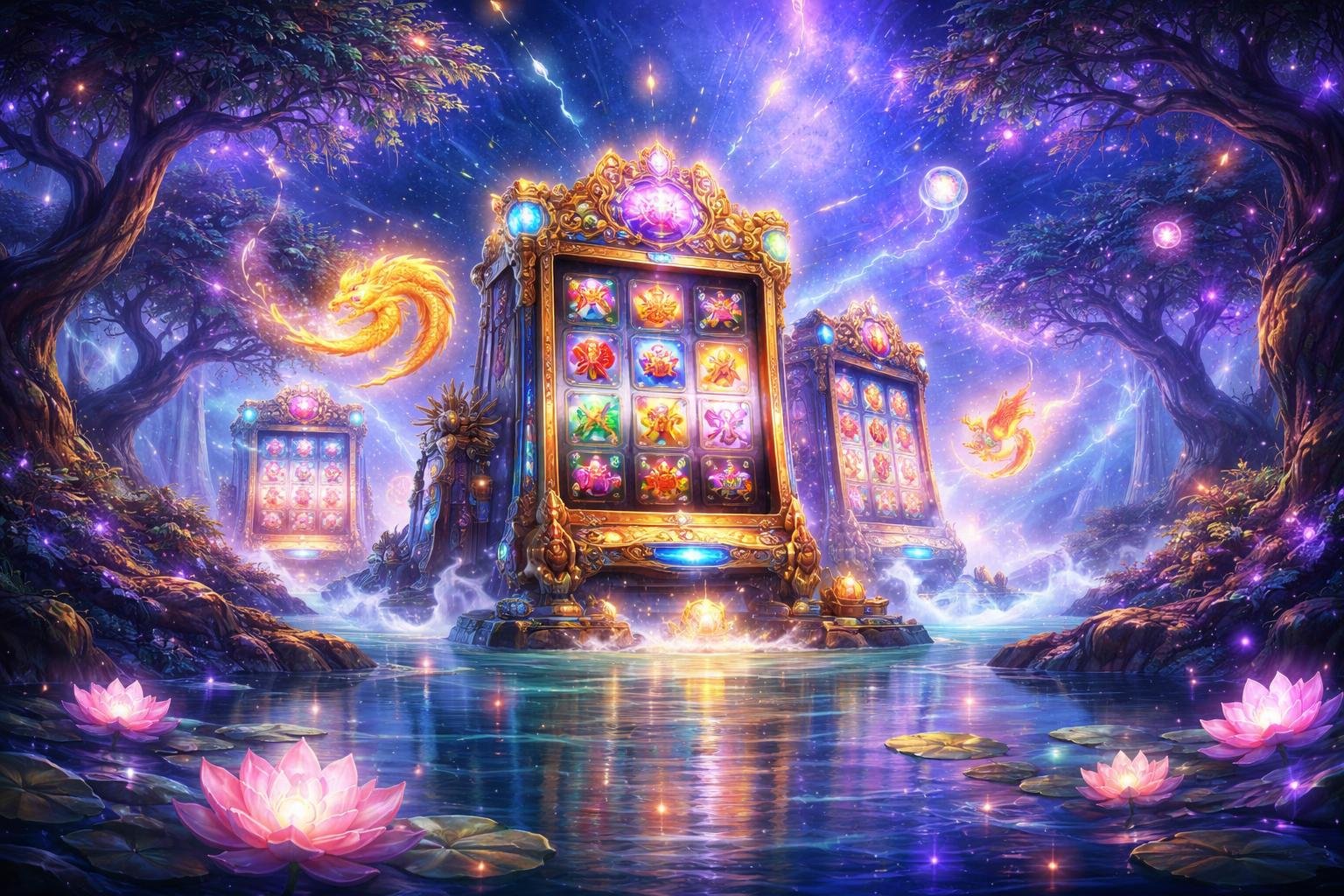 Pemandangan sebuah danau yang tenang dengan mesin slot bercahaya di antara pepohonan kuno dan bunga teratai yang mengambang, dikelilingi oleh kabut lembut dan cahaya bintang.