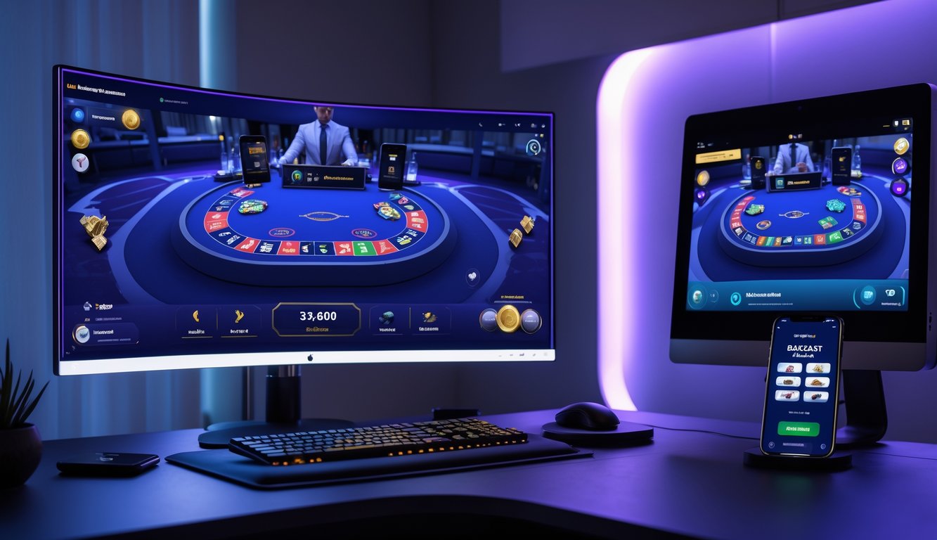 Sebuah ruangan modern dengan meja komputer yang menampilkan permainan baccarat online dengan kartu dan chip digital, suasana terang dan rapi.