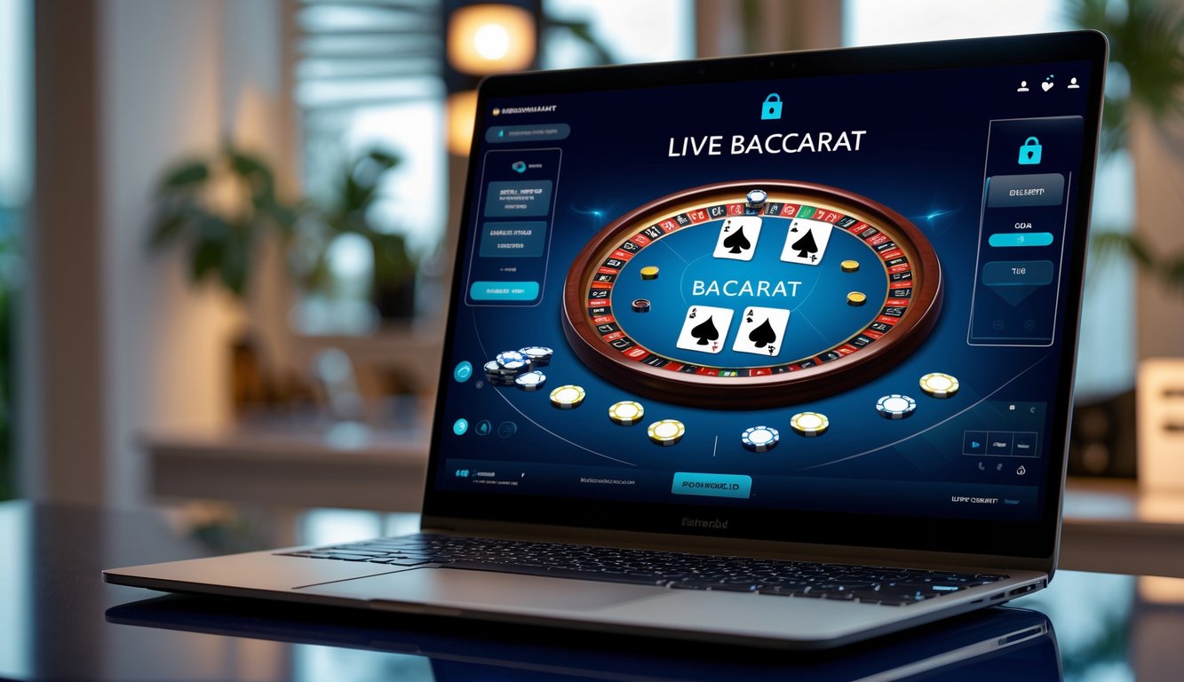 Seorang pengguna sedang bermain live baccarat online di komputer dengan tampilan kartu dan chip, di ruangan modern yang terang dan rapi.