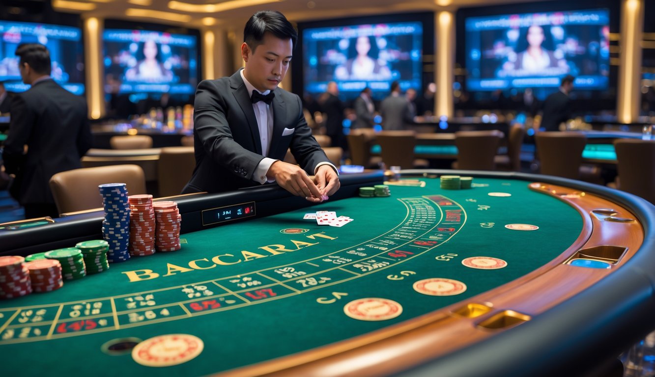 Seorang dealer yang rapi sedang membagikan kartu di meja baccarat dengan latar belakang layar besar yang menampilkan siaran langsung dari kasino internasional.