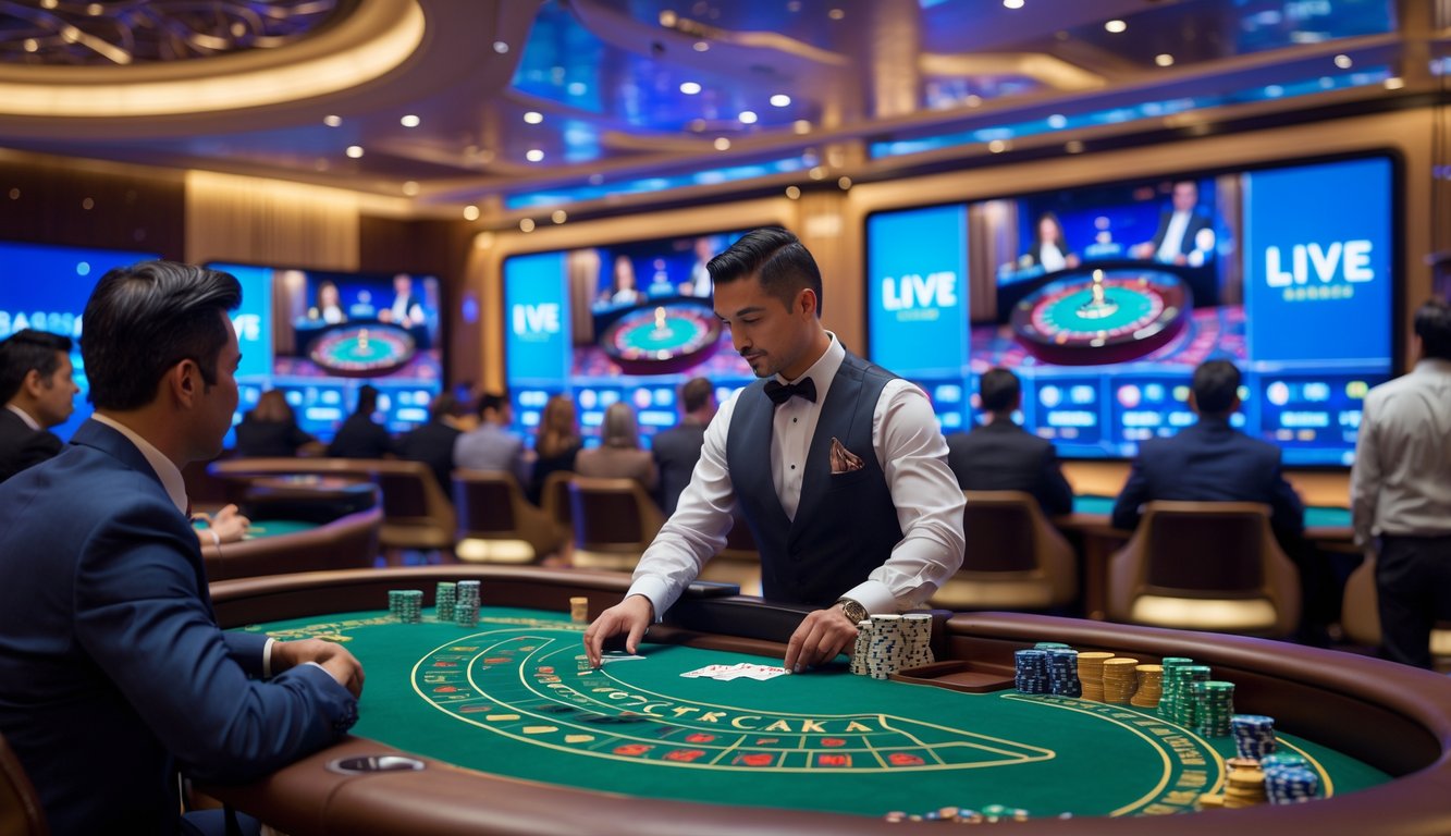 Seorang dealer di meja baccarat dengan kartu dan chip di kasino internasional, dikelilingi oleh pemain yang fokus dan layar besar menampilkan siaran langsung permainan.