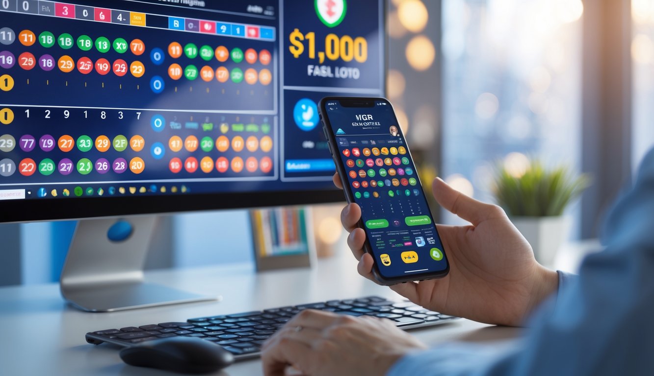 Meja kerja modern dengan komputer dan tangan yang memegang ponsel menampilkan aplikasi togel online.