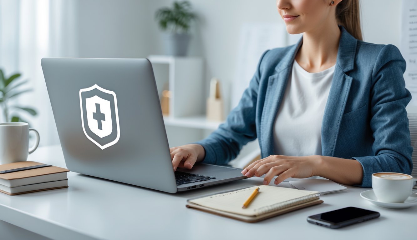 Seseorang duduk di meja dengan laptop, terlihat fokus dan tenang saat bermain judi togel online di ruang kerja yang rapi dan terang.