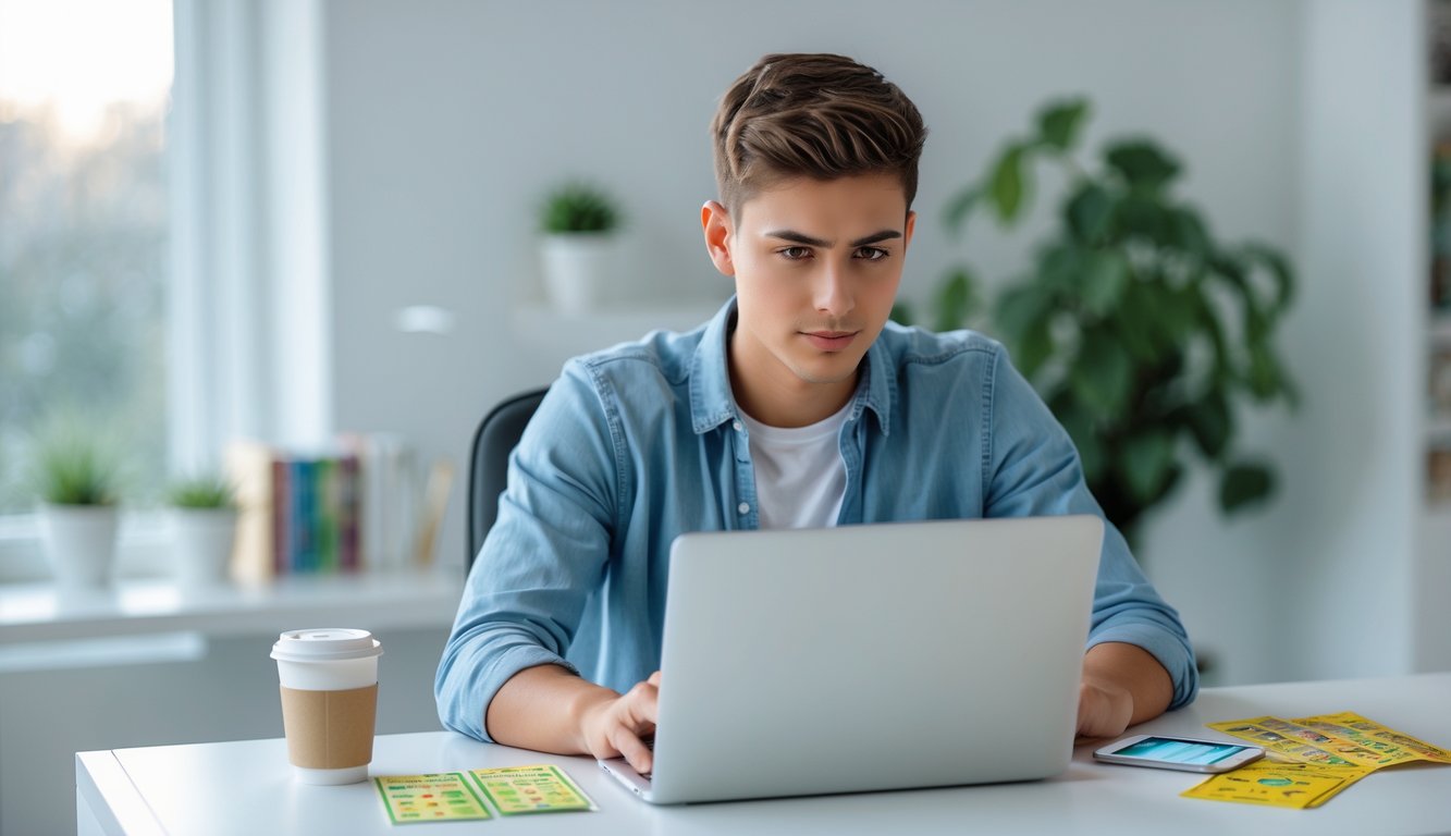 Seorang dewasa muda sedang duduk di meja dengan laptop, tampak fokus dan tenang dalam suasana kantor rumah yang terang dan rapi.