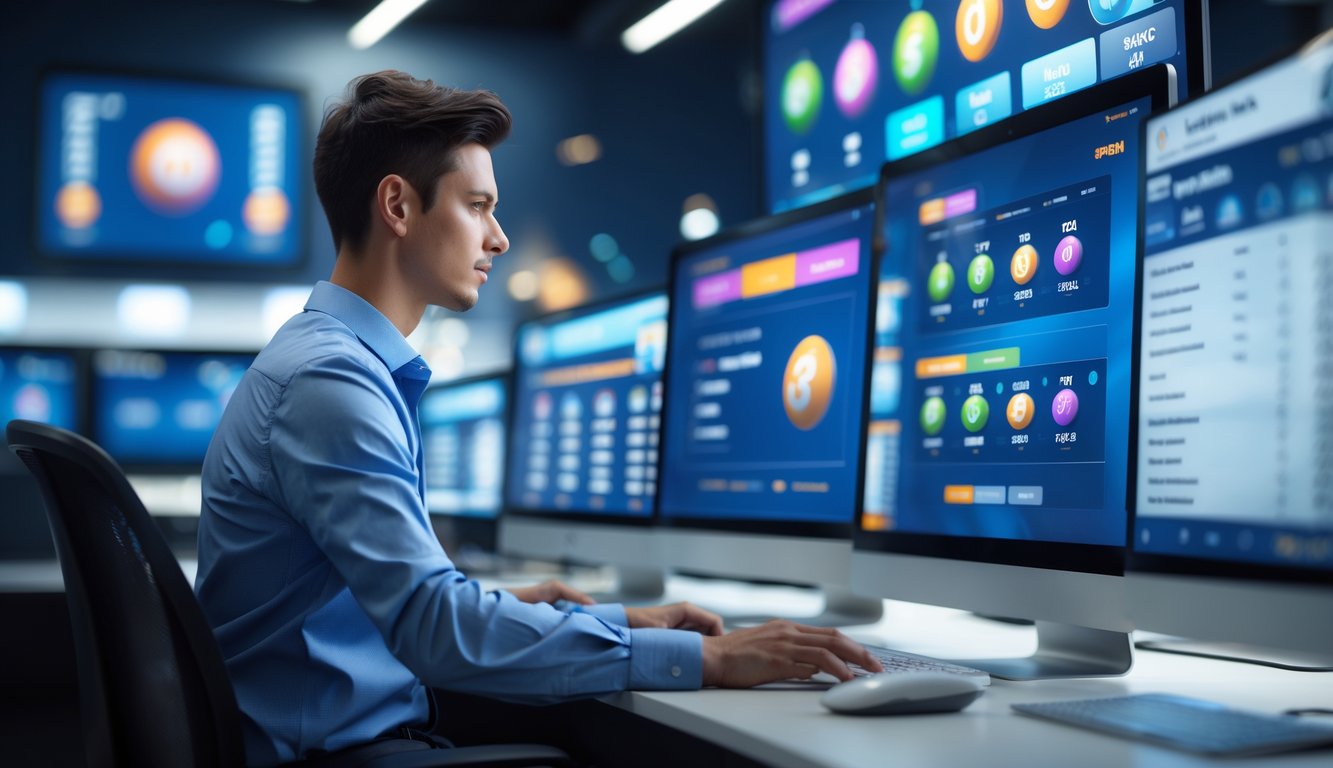 Seorang profesional menggunakan komputer dengan tampilan undian lotere online secara langsung dan hasil yang akurat di layar.