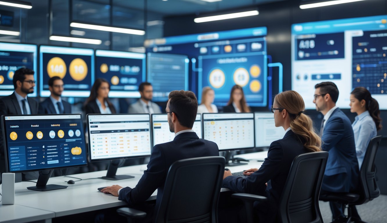 Sejumlah profesional sedang memantau hasil undian togel online secara langsung di kantor modern dengan layar komputer.