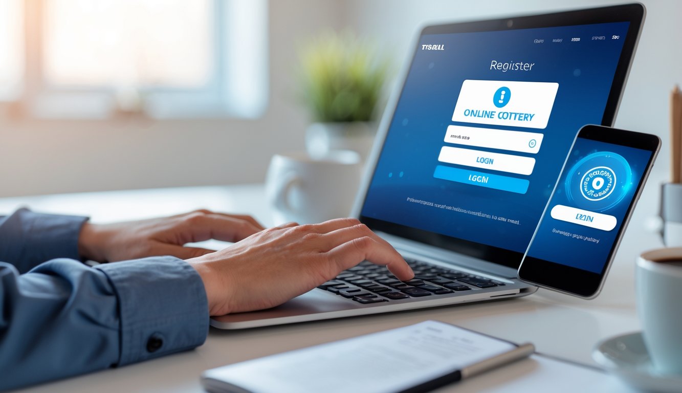 Seseorang sedang menggunakan laptop dan ponsel di meja kerja untuk mendaftar togel online dengan suasana yang rapi dan terang.