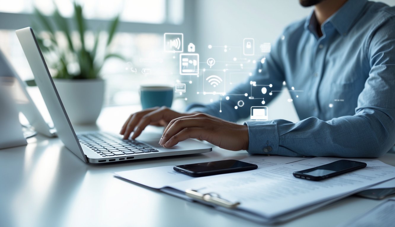 Seseorang sedang menggunakan laptop di meja kerja yang rapi dengan kopi dan ponsel, menunjukkan proses pendaftaran online yang cepat dan mudah.