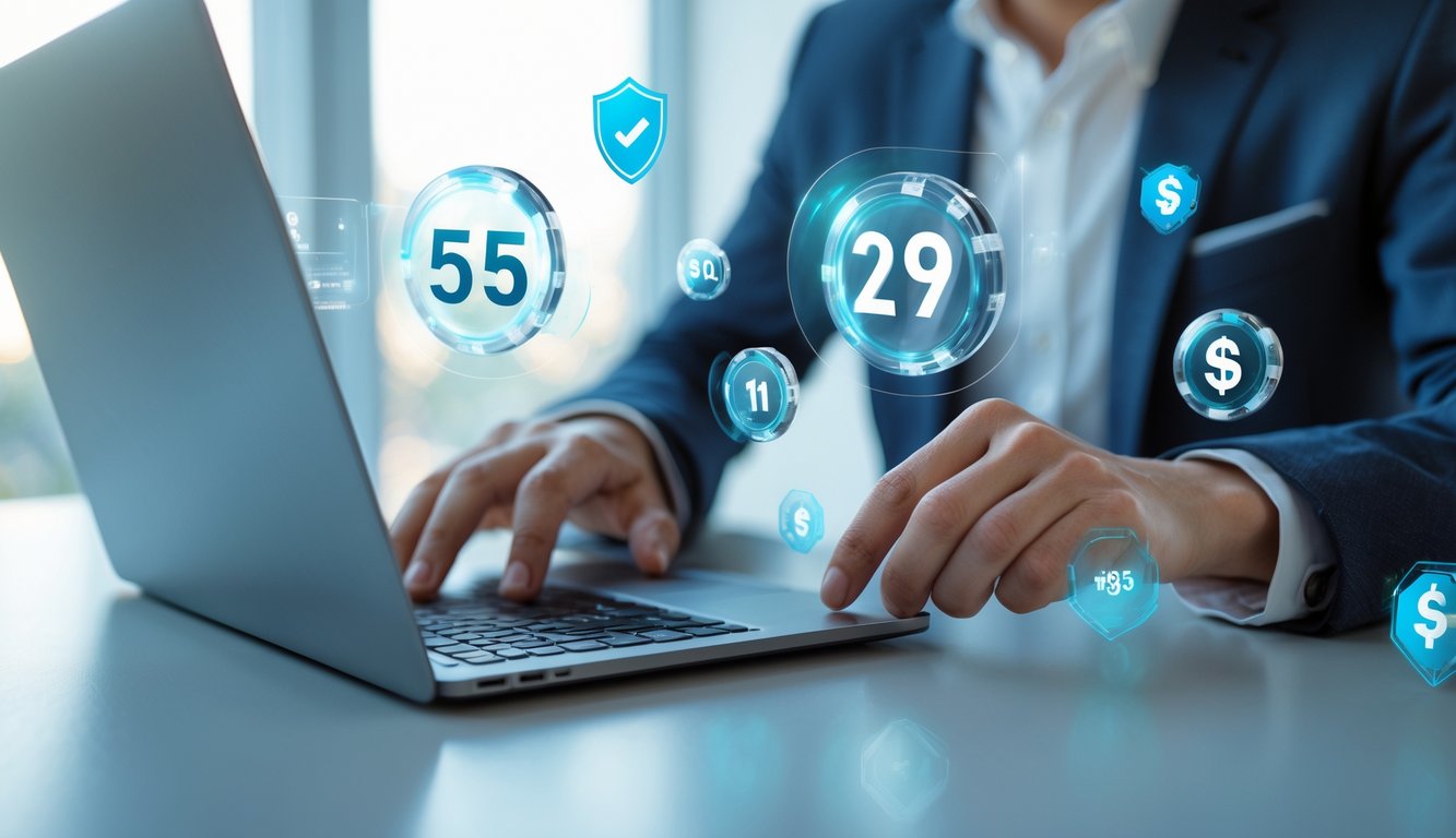 Seseorang menggunakan laptop atau ponsel di ruang kerja yang modern dengan elemen digital yang melambangkan permainan togel online, transaksi aman, dan deposit mudah.