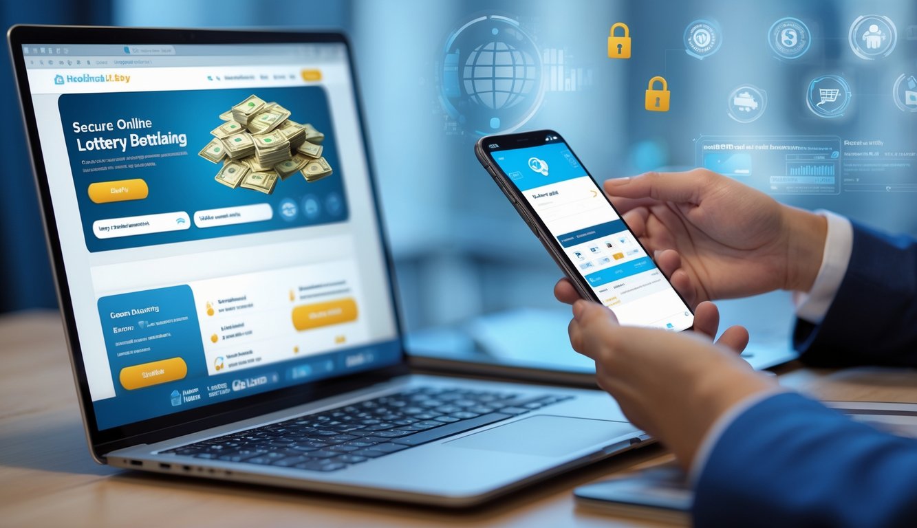 Seorang pengguna sedang melakukan transaksi judi togel online di laptop dan ponsel dengan latar belakang simbol keamanan digital.