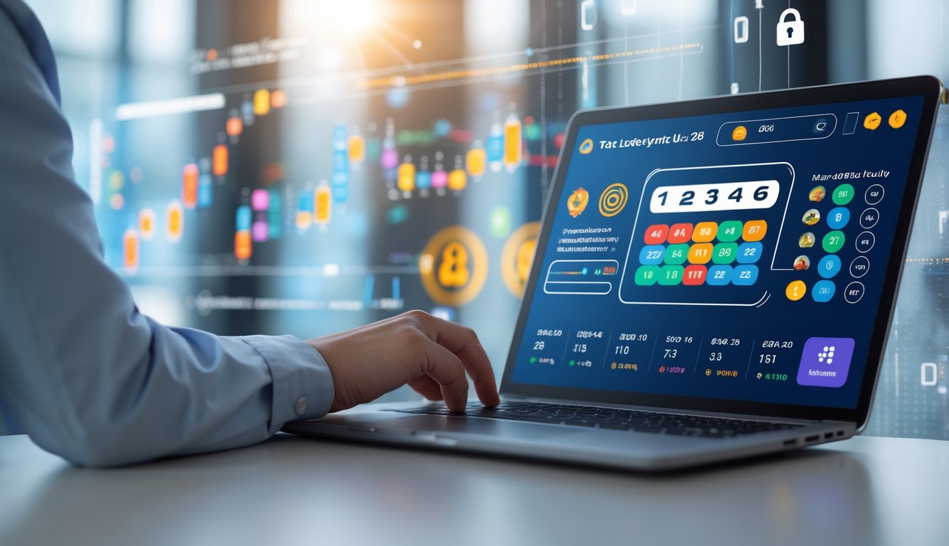 Seseorang menggunakan laptop di meja kerja modern dengan tampilan antarmuka togel online yang menampilkan angka dan grafik.