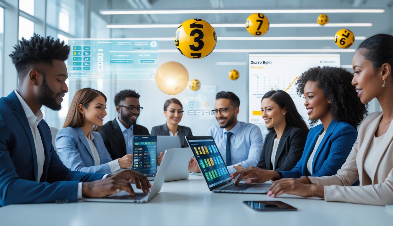 Orang-orang sedang menggunakan perangkat digital untuk bermain judi togel online di lingkungan kantor yang modern dan terang.