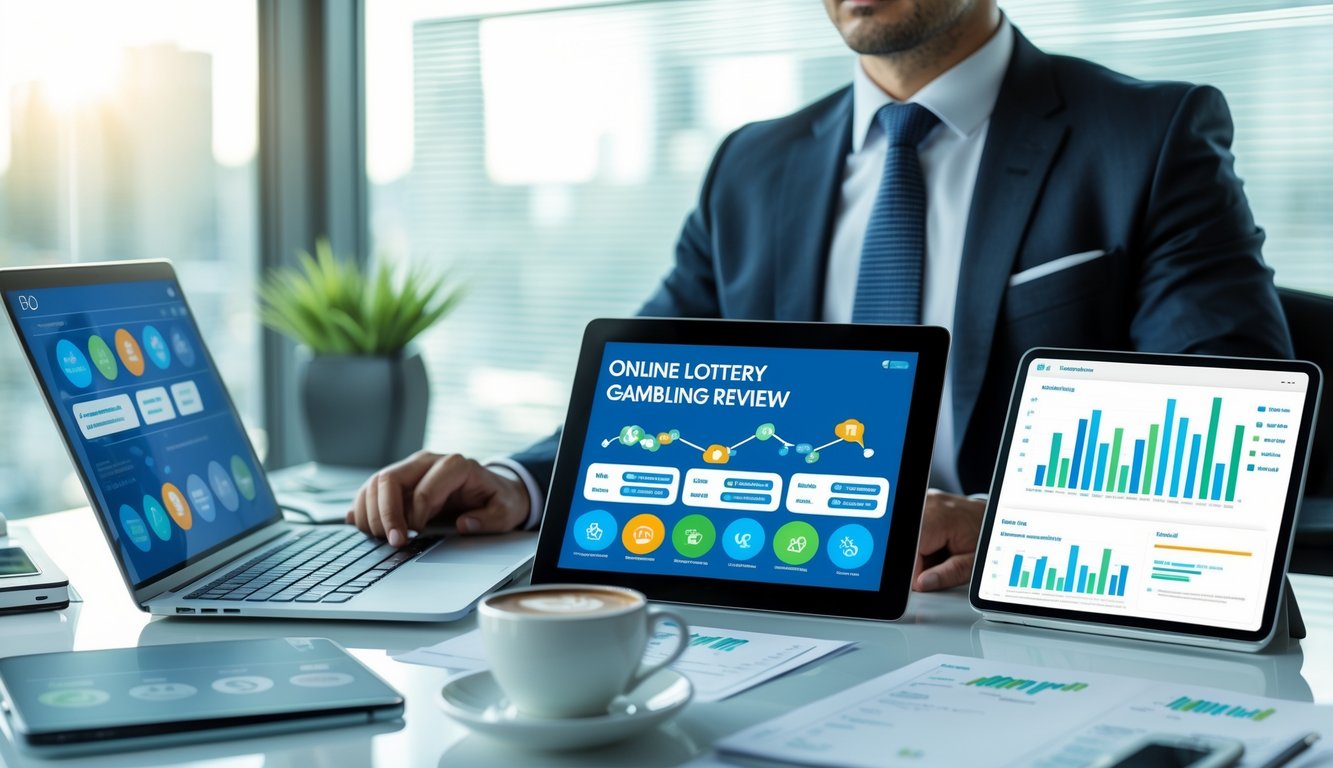 Seorang profesional duduk di meja kerja dengan laptop dan tablet, meninjau data dan grafik di lingkungan kantor modern.