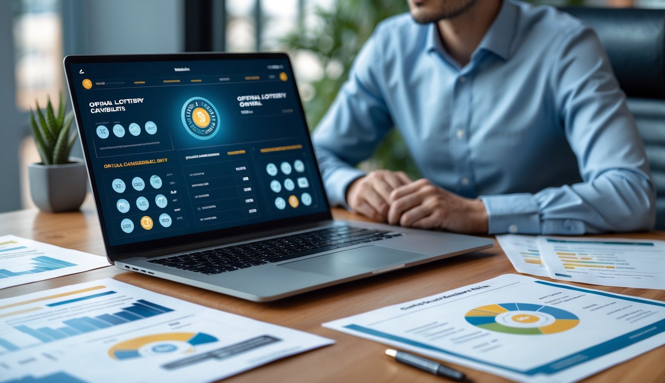 Seorang profesional sedang meninjau data situs judi togel online resmi di meja kerja dengan laptop dan dokumen.