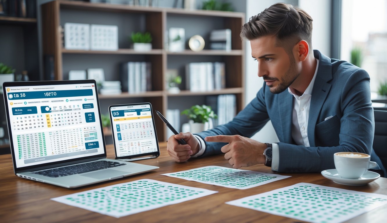 Seorang pria sedang menganalisis hasil togel online di meja kerja dengan beberapa perangkat digital dan kertas angka.