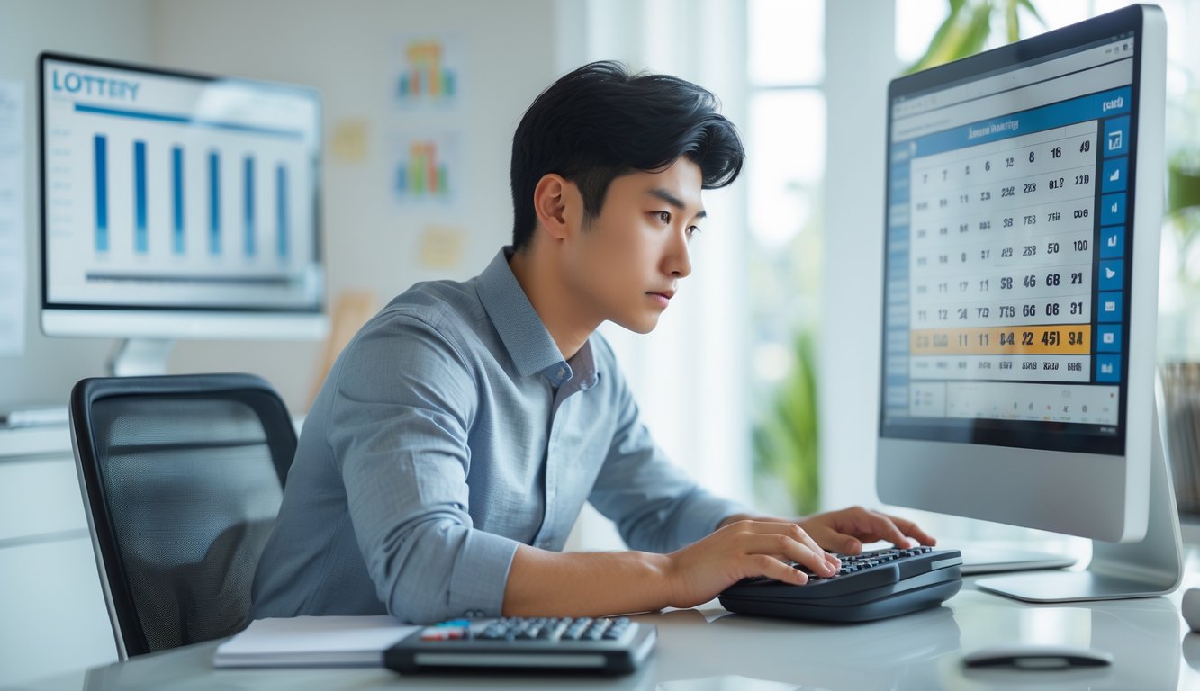 Seorang pria muda sedang duduk di meja kerja sambil menganalisis angka togel di layar komputer dalam ruangan yang terang dan rapi.
