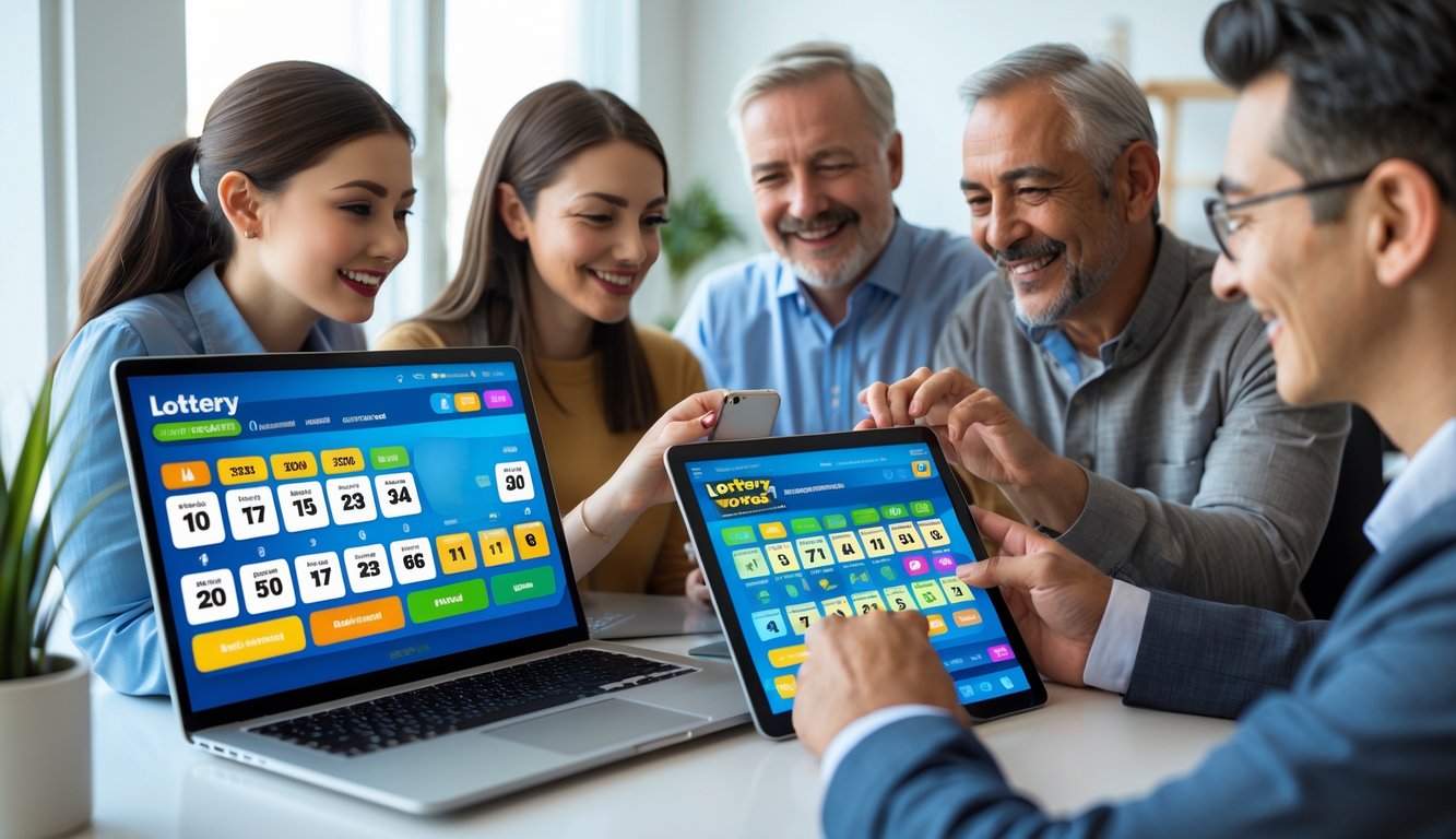 Orang-orang menggunakan perangkat elektronik untuk bermain togel online di ruang kerja modern yang terang dan rapi.