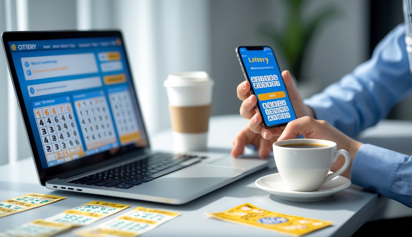 Seseorang menggunakan laptop dan ponsel untuk bermain judi togel online di meja kerja yang rapi dengan secangkir kopi.