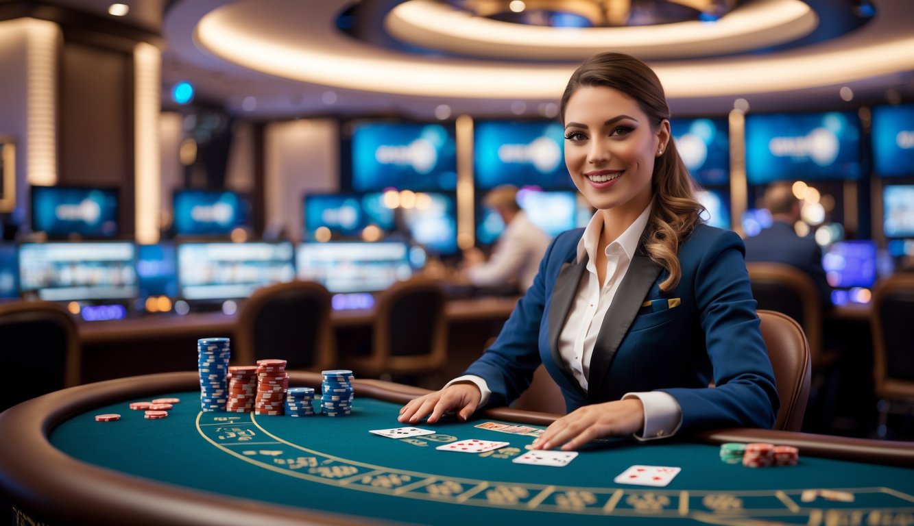 Seorang dealer kasino nyata sedang bekerja di meja kasino dengan peralatan streaming di latar belakang.