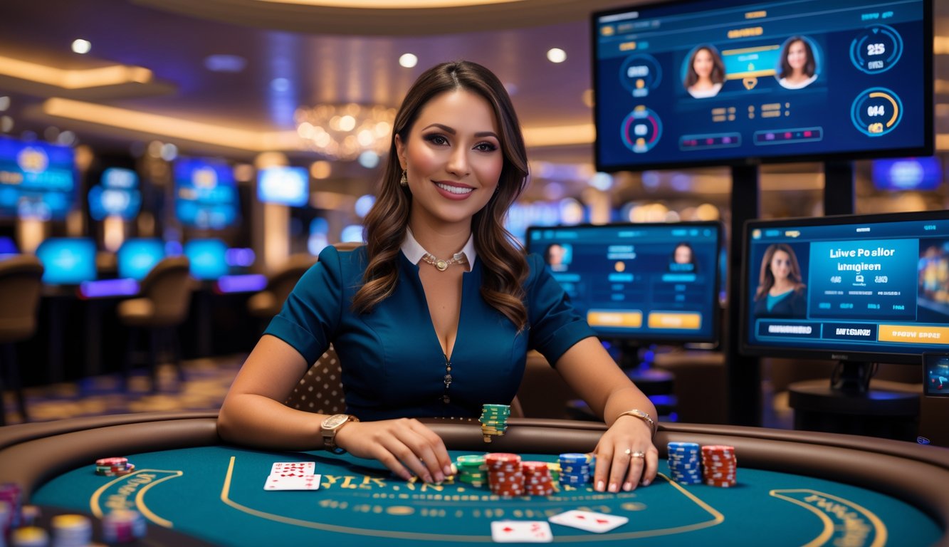 Seorang dealer kasino nyata sedang duduk di meja permainan dengan kartu dan chip, dikelilingi oleh layar digital yang menampilkan permainan kasino online secara langsung.