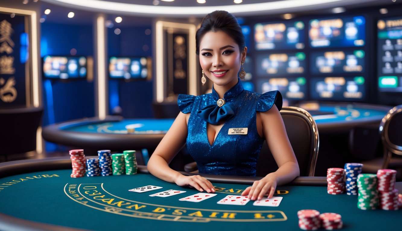 Seorang dealer kasino langsung wanita Indonesia duduk di meja kasino dengan kartu dan chip, di studio kasino modern.