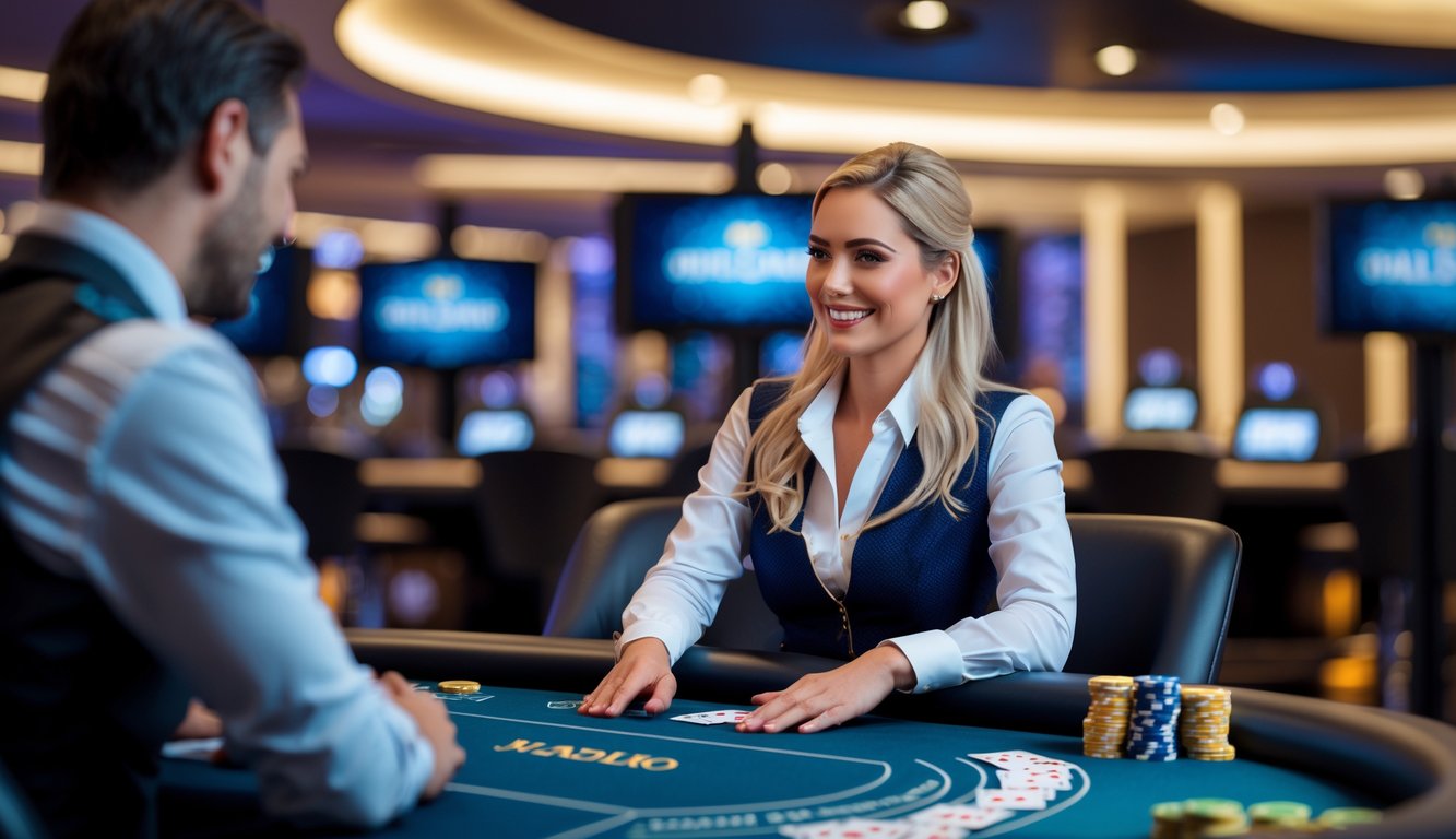 Seorang dealer kasino langsung yang profesional sedang melayani permainan di meja kasino dengan kartu dan chip, dalam suasana kasino online yang modern dan terpercaya.