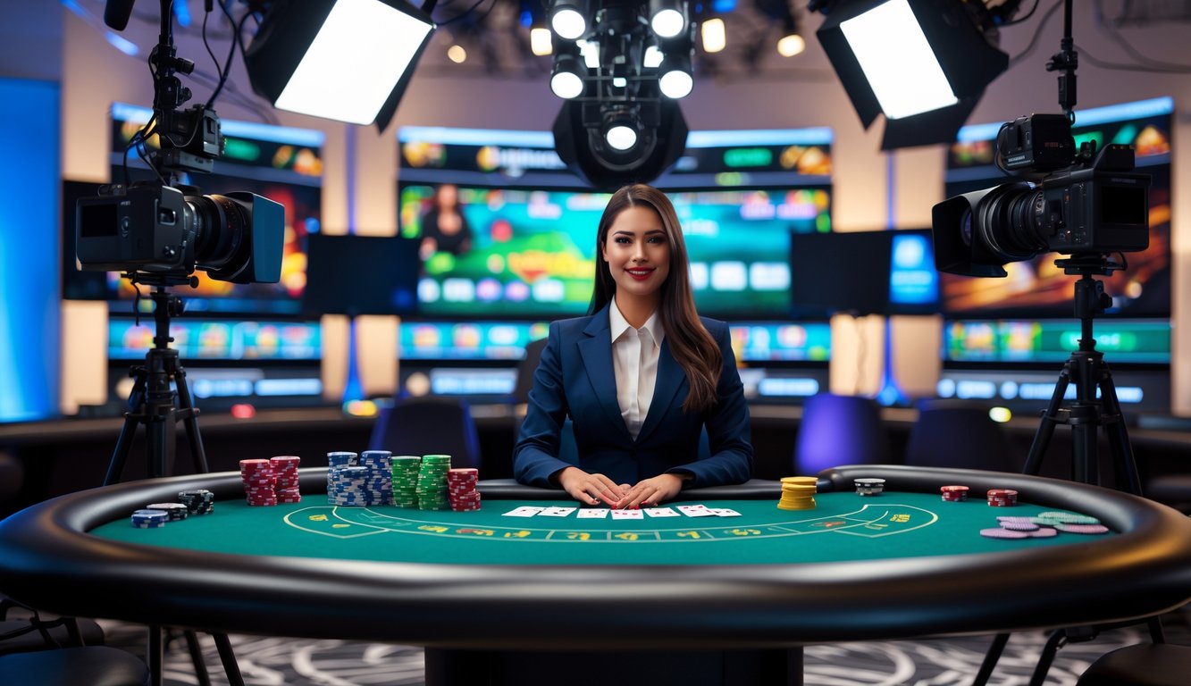 Seorang dealer wanita duduk di meja kasino dengan kartu dan chip, dikelilingi oleh kamera dan monitor yang menampilkan permainan kasino langsung.