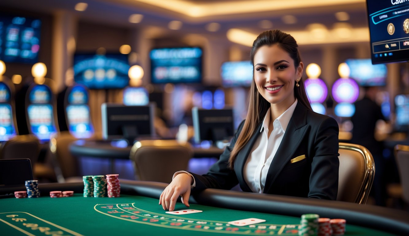 Seorang dealer kasino profesional duduk di meja hijau dengan kartu dan chip, dikelilingi layar digital dan kamera dalam suasana kasino yang modern.