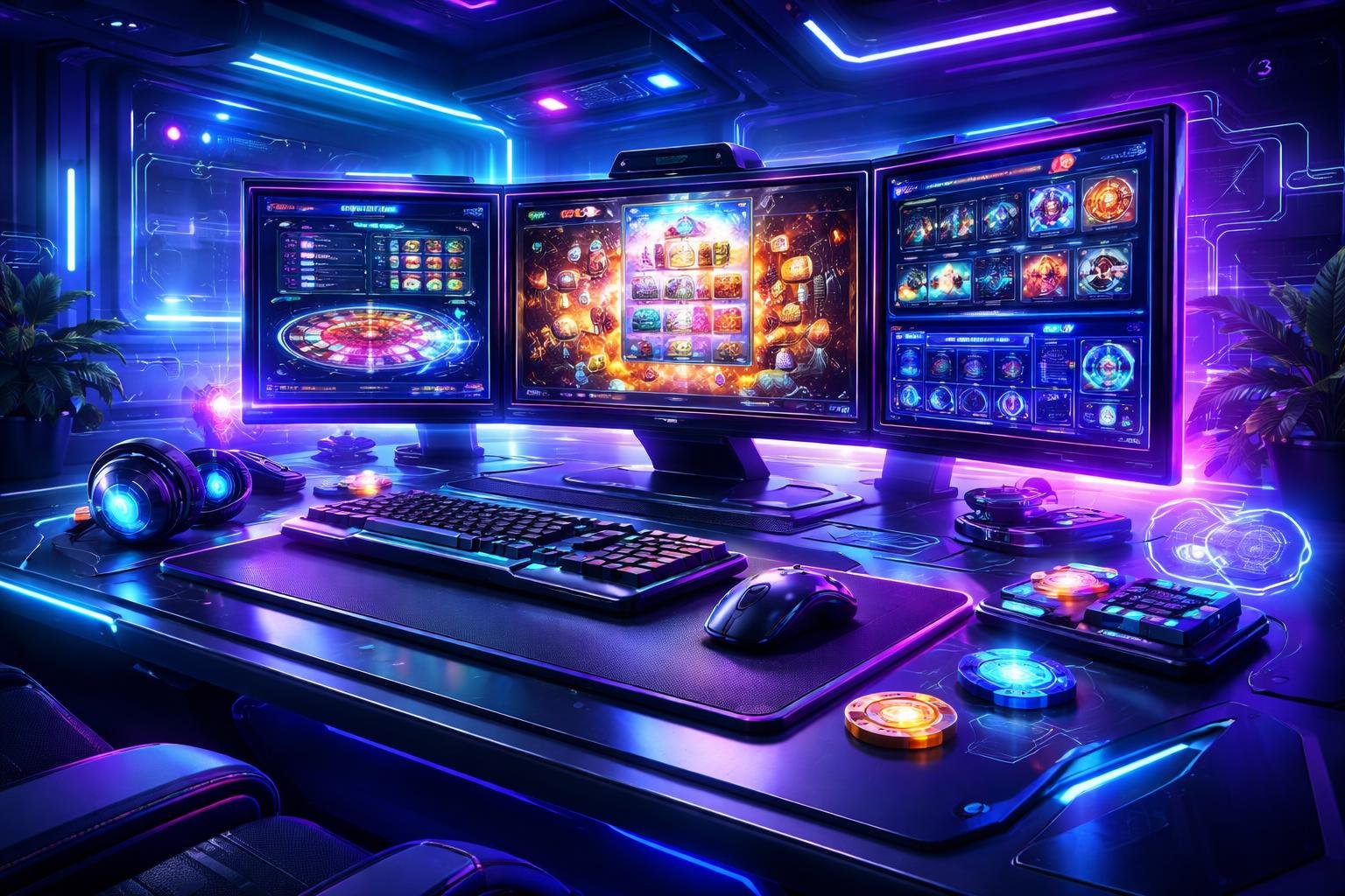 Sebuah ruangan gaming futuristik dengan layar holografik dan peralatan teknologi canggih yang menampilkan suasana bermain game yang modern dan penuh warna.