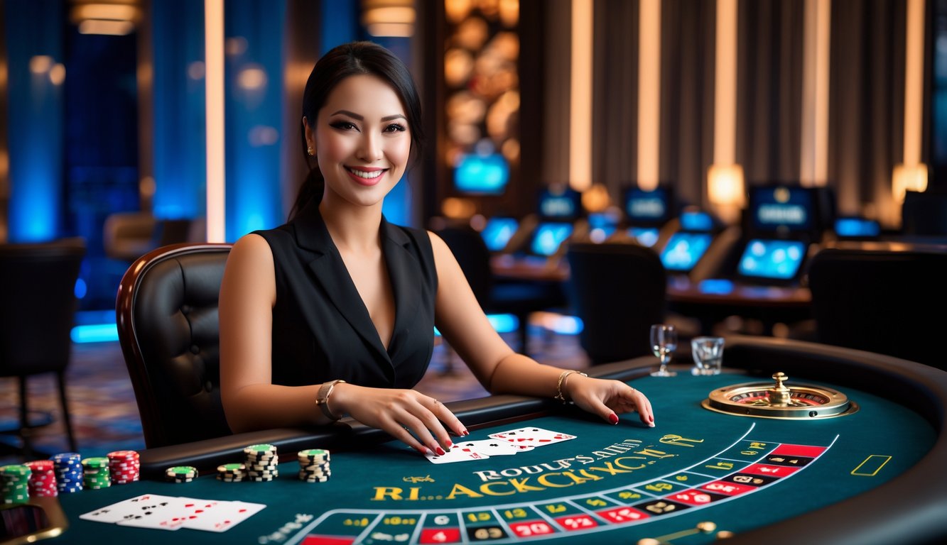 Seorang dealer kasino langsung duduk di meja permainan dengan kartu, chip, dan roda roulette di studio kasino modern.