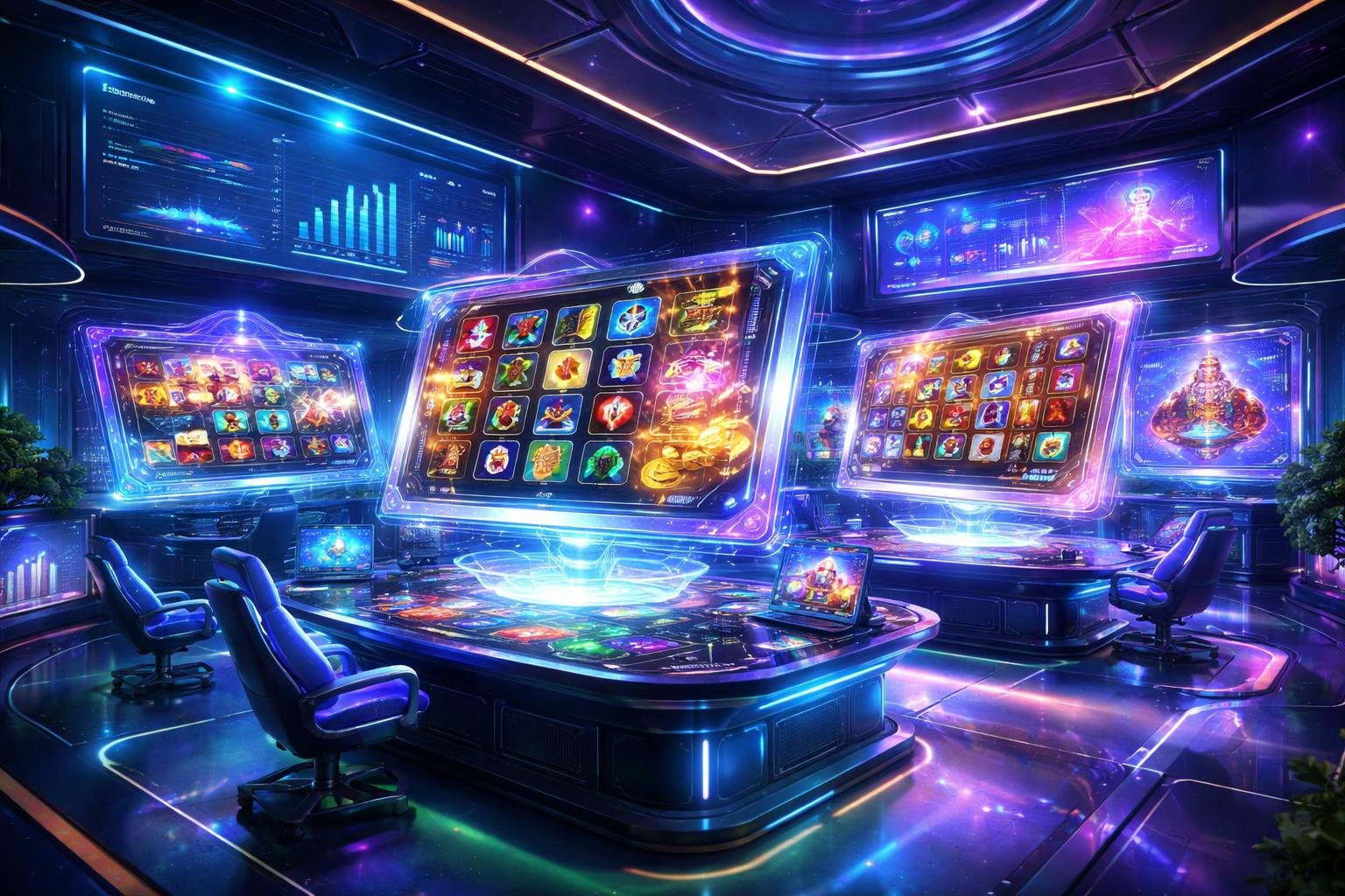 Sebuah ruang permainan futuristik dengan antarmuka game holografik dan lampu neon berwarna-warni, menampilkan suasana yang energik dan modern.