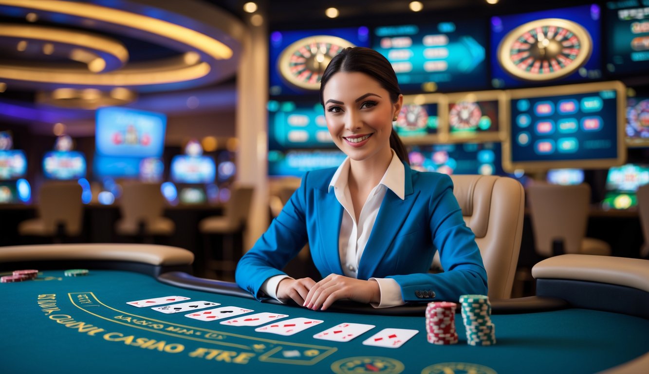 Seorang dealer kasino wanita tersenyum duduk di meja kasino modern dengan kartu dan chip, dikelilingi layar yang menampilkan permainan kasino langsung.