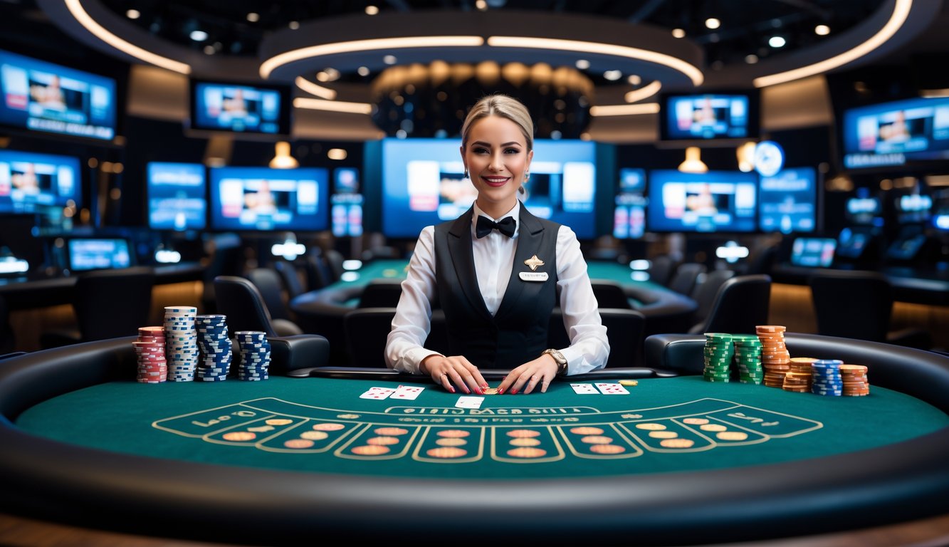 Seorang dealer kasino nyata duduk di meja kasino dengan kartu dan chip, dikelilingi oleh kamera dan layar dalam suasana kasino modern.