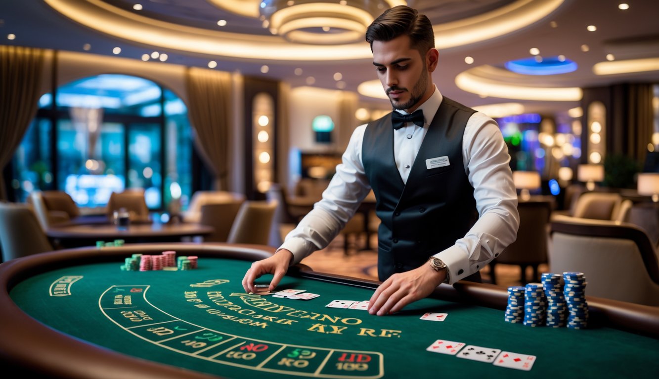 Seorang dealer kasino nyata di ruang VIP live casino dengan meja taruhan tinggi dan suasana mewah.