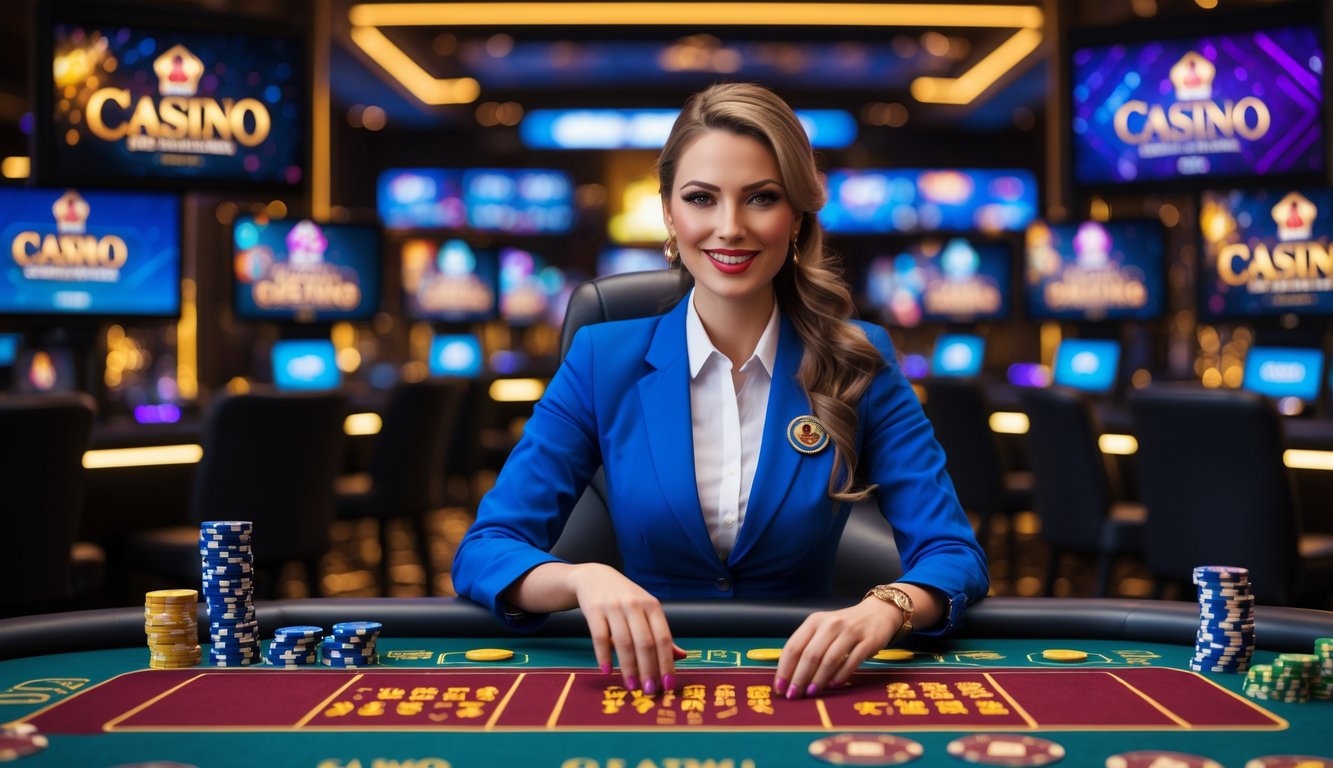 Seorang dealer wanita profesional duduk di meja kasino dengan kartu dan chip, di latar belakang tampilan layar permainan kasino langsung.