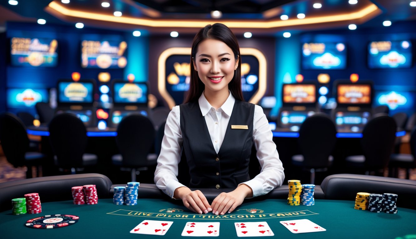 Seorang dealer kasino online yang ramah duduk di meja poker dengan kartu dan chip, di studio kasino modern dengan peralatan permainan dan layar di latar belakang.