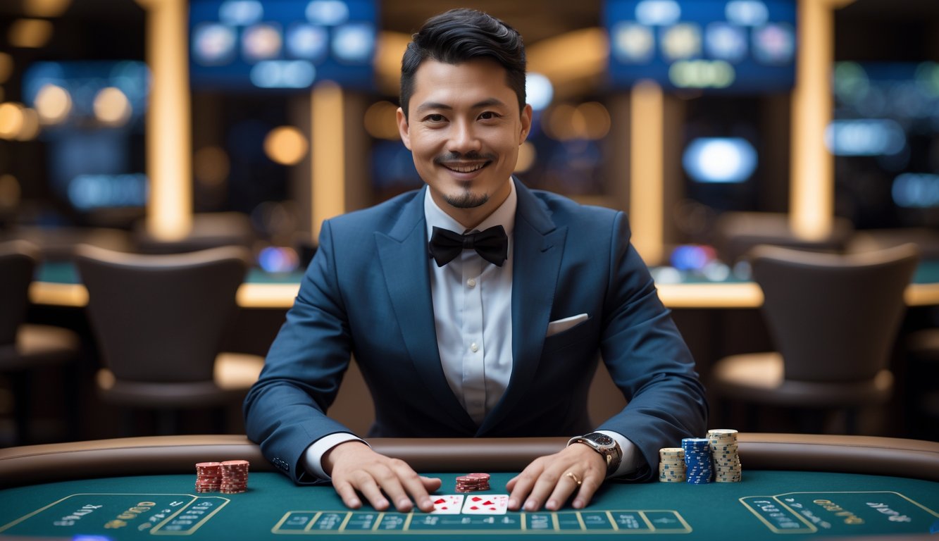 Seorang dealer kasino langsung profesional duduk di meja kasino dengan kartu dan chip, tersenyum ramah di lingkungan kasino yang elegan.