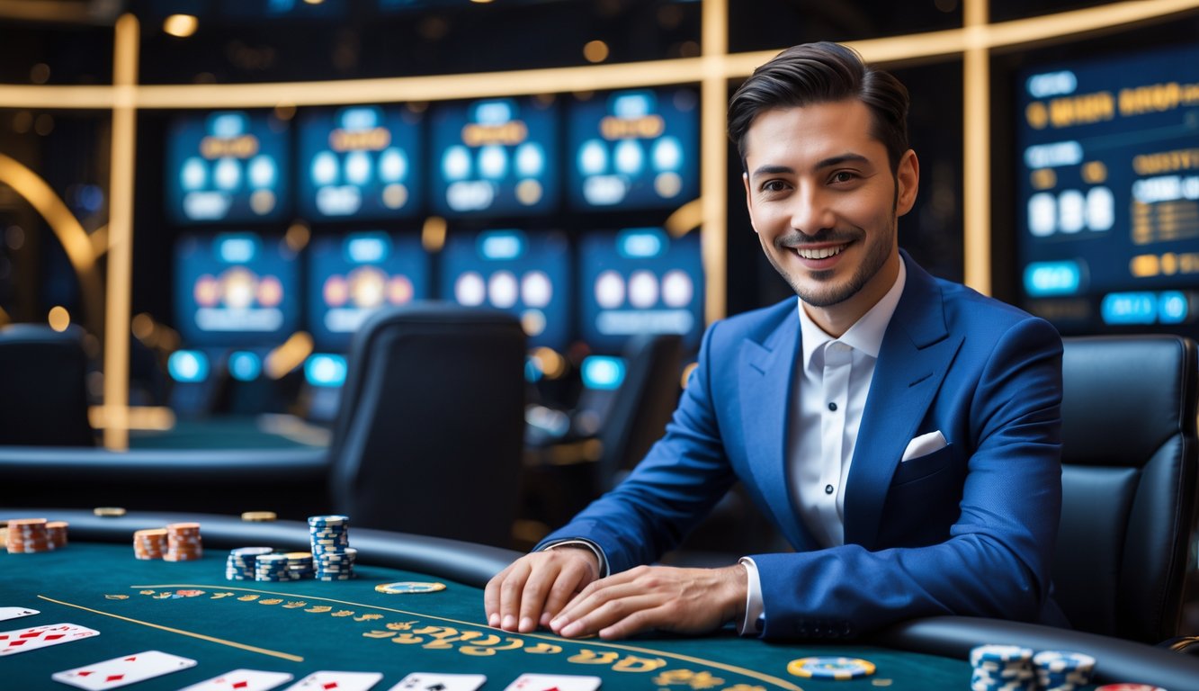 Seorang dealer kasino langsung yang profesional sedang duduk di meja kasino dengan kartu dan chip, berinteraksi langsung dengan kamera dalam suasana kasino modern.